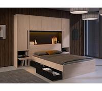 Pont de lit avec rangements - Avec LEDs - L265 cm - Coloris : Naturel et noir - VELONA
