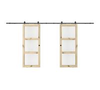 Porte coulissante double avec système en applique en bois et verre trempé - 3 fenêtres - 2 x H205 x L63 cm - ACOSTA II