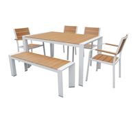 Vente-unique - Salle à Manger de Jardin en Aluminium : Une Table L.150 cm, 4 fauteuils et 1 Banc - Naturel Clair et Blanc - NYROS de MYLIA
