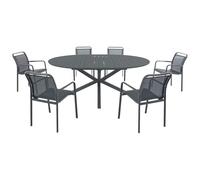Vente-unique - Salle à Manger de Jardin en Aluminium : Une Table Ronde Extensible L.150/200 cm et 6 fauteuils empilables - Anthracite - VELYRA de MYLIA