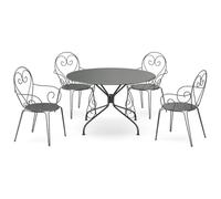 Vente-unique - Salle à Manger de Jardin en métal façon Fer forgé : Une Table D.120cm et 4 fauteuils empilables - Anthracite - GUERMANTES de MYLIA