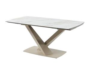 Vente-unique - Table à Manger Extensible 6 à 10 Personnes en Verre trempé, céramique et métal - Effet marbre Blanc et Beige - MALATA de Maison Céphy