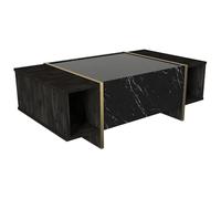 Vente-unique - Table Basse avec 1 Porte et 2 niches - Effet marbre Noir, Naturel foncé et doré - CADEBA II
