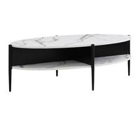 Vente-unique-Table Basse Ovale EVARO avec 4 niches de Rangement, Structure en MDF et métal, Finition Effet marbre Blanc et Noir, Design Moderne, idéale pour Salon Contemporain et espaces organisés