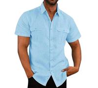 Ventes Flash Chemise Lin Homme Manches Courtes Chemisier Décontractée Coton Chemises Hommes Couleur Unie Business Casual Bouton Shirts Regular Fit Chemisiers de Plage Leger Respirant Haut Pas Cher
