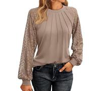 Ventes Flash du Jour Chemisier Femme Chic et Élégant Pull Femme Haut Dentelle Tee Shirt Manche Longue Tunique Femme Blouse Casual Tops Cadeau Femme Kaki L