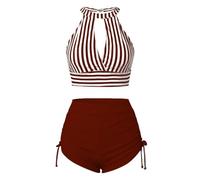 Ventes Flash du Jour Tankinis Femme Col V Push Up 2025 Tankini Maillot De Bain Bandeau Femme 2 Pieces Piscine Sexy Pas Cher Dos Nu Vacances Maillot De Bain Femme String Tanga Rouge Foncé L