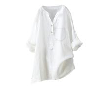 Ventes Flash HUIFUAO T-Shirt d'été Ample en Coton et Lin à Manches Longues avec Poche boutonnée pour Femme, Blanc, L
