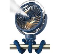 Ventilateur brumisateur pour poussette - 6000 mAh - Fonctionnement à piles - Avec lumière et pivot à 360° - Avec trépied flexible - Pour bébé, bureau, voyage, tapis de course, extérieur - Bleu foncé