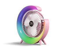 Ventilateur de bureau portable - PRUMYA - 23.5x23.5x5 cm - Veilleuse RGB 5 effets - 3 vitesses - Rotation 180°