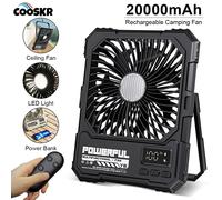 Ventilateur de camping portable 20000 mAh, ventilateur de plafond pliable, ventilateur de bureau, circulateur d'air pour tente, ventilateur électrique rechargeable avec lumière LED noir