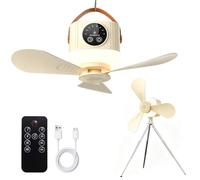 Ventilateur de camping portable avec lumière LED, ventilateur de plafond rechargeable par USB avec télécommande et trépied, pales amovibles, 4 vitesses, 3 luminosité, 7200 mAh pour chambre à coucher