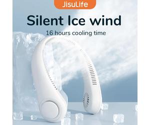Ventilateur de cou portable JISULIFE, batterie rechargeable 4000 mAh, 5 vitesses réglables, tour de cou mains libres sans pales et flexible pour le sport Ventilateur de cou gris