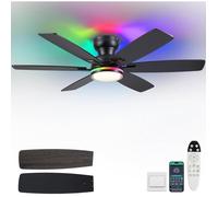 Ventilateur de plafond 52 pouces blanc, montage plat, télécommande + appli, 6 pales réversibles, 3 températures de lumière,
