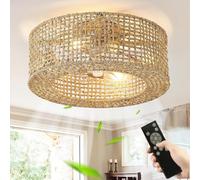 Ventilateur De Plafond avec Éclairage et Télécommande Silencieux E27 Rétro Fan Plafonnier Pendentif Tissage Bambou Et Rotin Naturel Tissé Lampe de Plafond pour Salon Chambre Salle à Manger Lumière