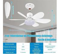 Ventilateur de Plafond avec Lumière et Telecommande, 52CM 40W Petit Dimmable Ventilateur LED avec Douille E27, 6 Pale, BLANC