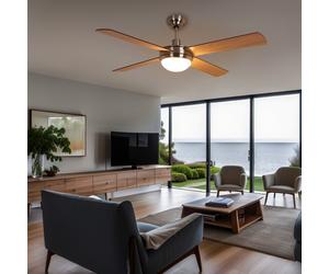 Ventilateur de plafond avec télécommande ventilateur lampe 3 niveaux plafonnier flux/retour, métal bois, pales réversibles, 2x LED 3,7W 320Lm blanc chaud, PxH 132x41 cm