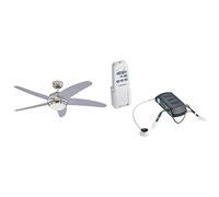 Ventilateur de plafond d'intérieur à cinq pales et une lampe Bendan de 132 cm, finition chrome satiné avec verre opale dépoli & Ventilateur de plafond et télécommande infrarouge pour la lampe