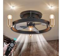 Ventilateur de Plafond E27 Lumière et Télécommande Fan Plafonnier Silencieux Industriel Rétro Fan Lustre Métal Noir Ventilateur de Luminaires pour Chambre Salon Salle Manger Éclairage, 6 Vitesses