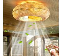 Ventilateur De Plafond En Tissage De Bambou À La Main Avec L'éclairage Télécommande Ventilateur Silencieux Plafonnier E26 Lampe De Ventilateur 50CM for Chambre À Coucher Restaurant Lumière De Fan