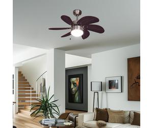 Ventilateur de plafond Interrupteur à tirette Ventilateur aller et retour Plafonnier Ventilateur, bois brun, titane, LED 7W 600Lm blanc chaud, DxH 75x36 cm