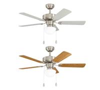 Ventilateur de plafond Interrupteur à tirette Ventilateur aller et retour Ventilateur plafonnier, pales réversibles, bois couleur chêne argenté, métal, 1x E27 douilles, DxH 106,5x47 cm
