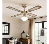 Ventilateur de plafond avec interrupteur à tirette Lampe de ventilateur Plafond Ventilateur à 3 vitesses avec télécommande Plafonnier, marche avant-arrière, chêne tressé verre, 1x LED 3,7W 320lm blanc