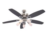 Ventilateur de plafond LED avec interrupteur à tirette dimmable par télécommande droite gauche 3 vitesses, changement de couleur RGB, 5x 4,8W 5x 470lm blanc chaud, DxH 130 x 49,5 cm