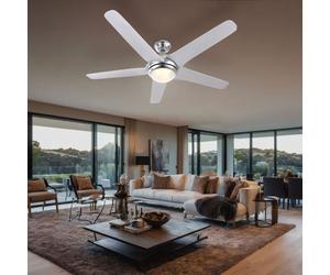 Ventilateur de plafond LED Télécommande Plafonnier chromé blanc 3 vitesses Ventilateur Aller Retour Lampe de salon, 20W 1100lm blanc chaud, DxH 137 x 37,2 cm