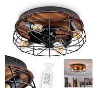 Ventilateur de plafond Moscavide, ventilateur en métal/plastique noir/imitation bois/marron avec télécommande, plafonnier avec spots orientables, 4 x E27 IP20, ampoule(s) non incluse(s)