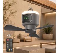 Ventilateur de plafond portable avec éclairage, batterie 12000 mAh et 4 niveaux, ventilateur de camping avec télécommande et minuterie, grand ventilateur d'extérieur de 45 cm avec crochet, silencieux