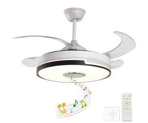 Ventilateur de plafond rétractable à LED Bluetooth de 98,6 cm avec lumières et télécommande, silencieux, réversible, moderne, intelligent, 6 vitesses, intérieur pour chambre à coucher, salon, salon -