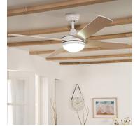 TECHBREY - Ventilateur de Plafond Silencieux | Moteur DC Économe en Énergie | 6 Vitesses avec Télécommande | Lumière LED 1500lm | Fonction Été/Hiver | Bois Clair, 132 cm, Télécommande avec lumière