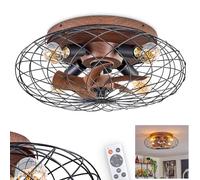 Ventilateur de plafond Wemude, ventilateur en métal/plastique noir/bois avec télécommande et fonction montée/descente, plafonnier à 4 flammes Ø 30 cm, 4 x E27, sans ampoules