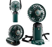Ventilateur de Poche Mini, Rechargeable par Type-C, Ventilateur avec Batterie 4000mAh et Affichage Numérique, Pliable à 90°, Ventilateur Personnel 3 en 1 Main/Cou/Bureau, Ventilate (Vert Foncé)