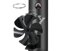 Ventilateur de poêle magnétique 3 en 1 - 6 feuilles - Avec thermomètre - Fonctionnement silencieux - Fonctionne à la chaleur - Sans électricité - Pour bois/brûleur à bois/cheminée - Avec 1 anneau de
