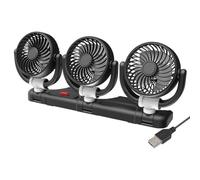 Ventilateur de voiture avec 3 têtes réglables et rotation à 360° pour le refroidissement du véhicule, compatible avec alimentation 12 V/24 V et USB, noir