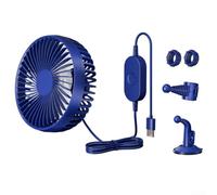 Ventilateur de voiture pour sources d'alimentation 12 V 24 V, avec trois vitesses réglables, rotation à 360 degrés, fonction de charge USB et support fiable à ventouse (bleu)