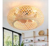 Ventilateur Plafond Avec Lumiere Intelligent,Lampe Ventilateur Plafond Silencieux,Rotin Vintage,Lampadario Con Pale Da Soffitto Ampoule E27 De Type Cage Rustique,Lustre Ventilateur Salon,Cuisine