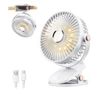 Ventilateur portable à pince 4000 mAh, éclairage LED, ventilateur USB rechargeable silencieux à 4 vitesses, rotation 360°, blanc