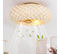 Ventilateurs de plafond Silencieux avec Éclairage et Télécommande E27 Rétro Fan Plafonnier Pendentif Tissage Bambou Et Rotin Naturel Tissé Lampe de Plafond pour Salon Chambre Salle à Manger Lumière