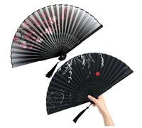 Ventilateurs pliants portables, ventilateur de main pliant 2pcs, 2 styles ventilateur en bambou en tissu en soie chinois avec pompon, sculpture creuse pour la danse, performance, décoration, cadeaux