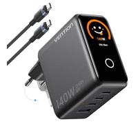 VENTION Chargeur USB C 140W PD3.1 GaN 4 Ports, Bloc d'alimentation Pliable avec Écran TFT Intelligent + Émoticônes AI, Câble 240W Inclus pour MacBook, iPhone, Samsung, etc (Noir)