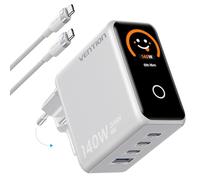VENTION Chargeur USB C 140W PD3.1 GaN 4 Ports, Bloc d'alimentation Pliable avec Écran TFT Intelligent + Émoticônes AI, Câble 240W Inclus pour MacBook, iPhone, Samsung, etc (Blanc)