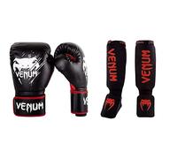 Venum Contender Gants de Boxe Mixte Enfant, Noir/Rouge, 8 oz & Kontact Protège Tibia Mixte Adulte, Noir, Taille Unique