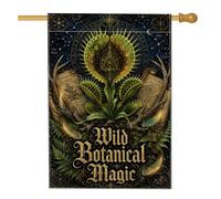 Vénus Flytrap Drapeau de maison, volutes botaniques mystiques, fougères, vert été double face en toile de jute pour extérieur, terrasse, pelouse, entrée, camping, 71,1 x 101,6 cm