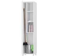 Vep Home Armoire à balais multifonction avec roulettes - 1 porte réversible, étagères et espace pour balai et serpillère - Blanc, 183 x 42 x 41 cm - Meuble auxiliaire pour buanderie, rangement ou
