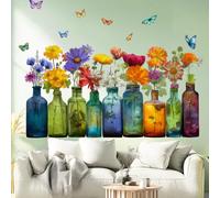 VePret Grandes Décalcomanies Murailles Fleurs Aquarelle dans un Verre Adhésives, Décalcomanies Murales Fleurs Papillons, Art Décoratif Vinyle Amovible pour Chambre Salon Salle de Classe Bureau