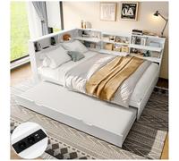 Vepssder Canapé lit 140x200 avec Prise de Courant,Ports USB+Type-C,lit gigogne et Support de Rangement,Cadre de lit 1 Personne avec sommier à Lattes,Blanc(sans Matelas)