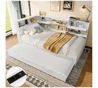 Vepssder Canapé lit 90x200 avec Prise de Courant,Ports USB+Type-C,lit gigogne et Support de Rangement,Cadre de lit 1 Personne avec sommier à Lattes,Blanc(sans Matelas)